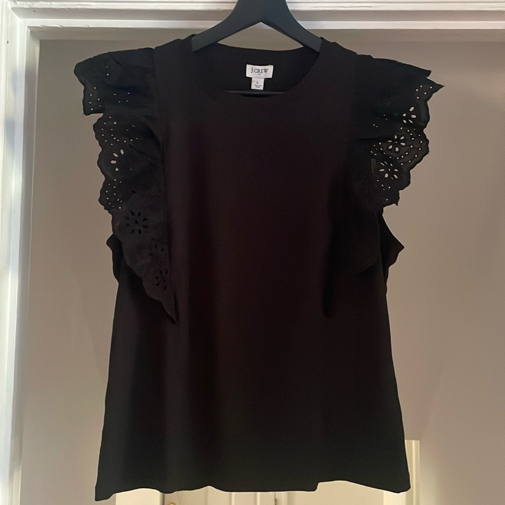 J. Crew Black Eyelet Ruffle Sleeve Top